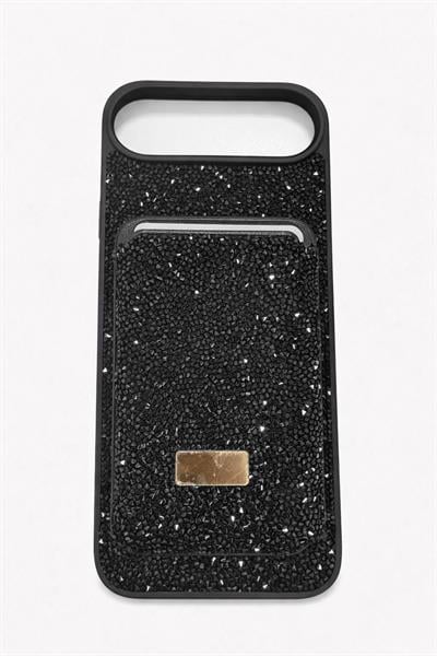 İphone 17 Air Uyumlu Parlak ve Taşlı Kart Bölümlü Kılıf Siyah