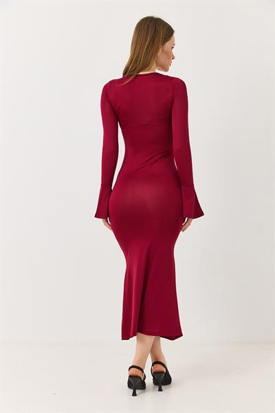 Kadın Sandy Kumaş Astarsız Çiçek Detaylı Büzgülü Elbise