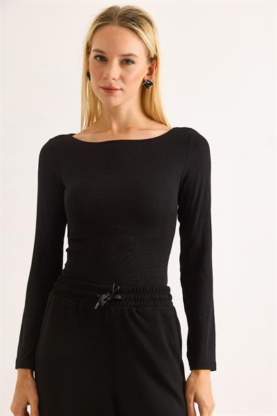 Geniş Yaka Rahat Uzun Kollu Bluz Siyah