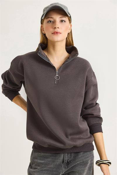Kadın Yaka Fermuarlı 2 İplik Sweatshirt Füme