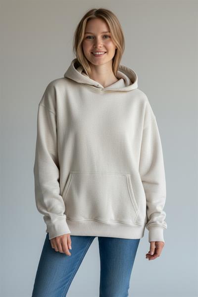 Kadın Kapüşonlu 3 İplik Şardonlu Krem Sweatshirt