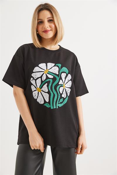 Baskılı Bisiklet Yaka Tshirt Siyah