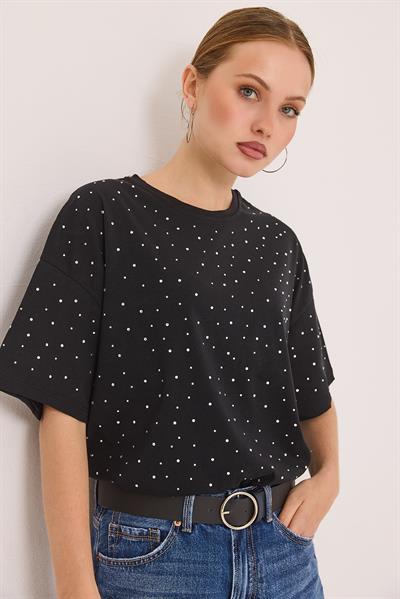 Taş Detaylı Rahat Kalıp Premium Pamuk Tshirt	Siyah