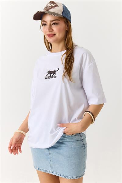 Kadın Leopar Nakışlı Bisiklet Yaka Tshirt Beyaz