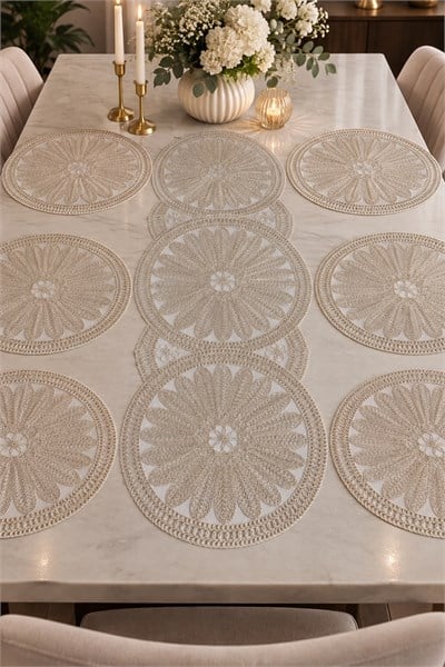 Yuvalar Desenli Motifli 7 Parça Runner Set Bej
