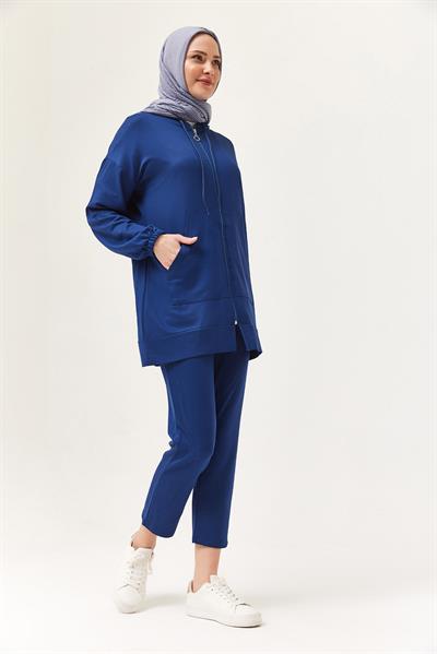 Kadın Kapüşonlu Fermuarlı İkili Takım Saks