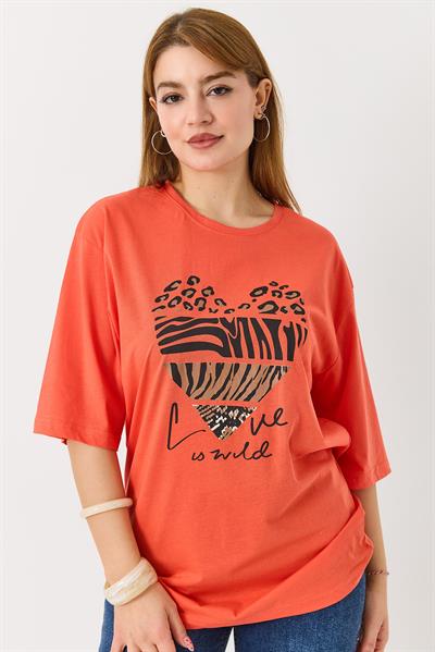 Kadın Kalp Baskılı Bisiklet Yaka Tshirt Nar Çiçeği