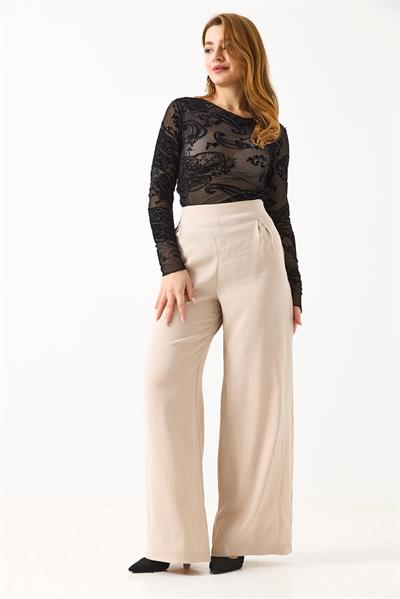 Kadın Tensel Kumaş Beli Lastikli Düz Salaş Pantolon Krem
