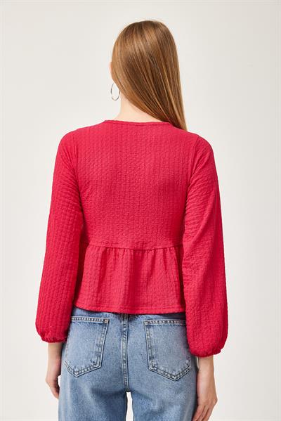 Bağlama Detaylı Esnek Örme Bluz Fuşya