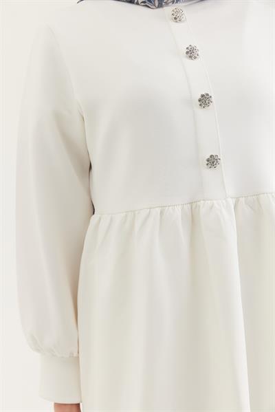 Taş Düğmeli Scuba İkili Takım Beyaz