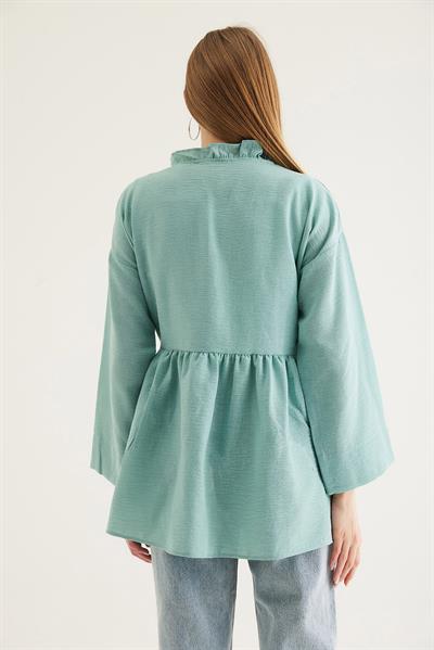 Yandan Bağlamalı Yakası Fırfırlı Kimono Yeşil