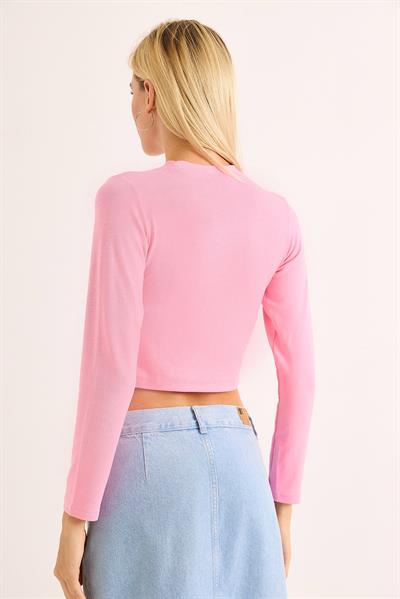 Geniş Yaka Rahat Uzun Kollu Bluz Pembe
