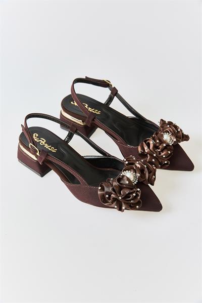 Kadın Büyük Fiyonklu Slingback Kısa Topuklu Ayakkabı Kahverengi