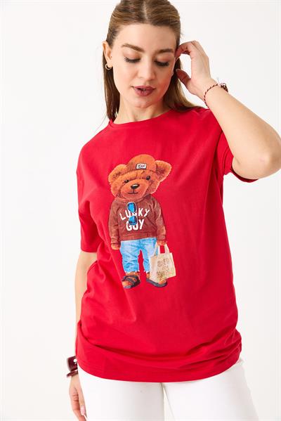 Ayıcık Baskılı Pamuklu Bisiklet Yaka Tshirt Kırmızı
