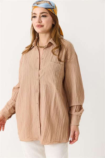 Kadın Oversize Müslin Kumaş Basic Gömlek Camel