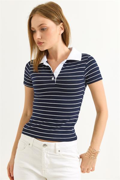 Polo Yaka Çizgi Desenli Kadın Tshirt Lacivert