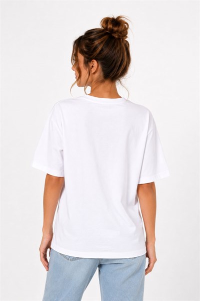 Kadın Bisiklet Yaka Oversize Baskılı Tshirt Beyaz