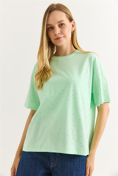 Taş Detaylı Rahat Kalıp Premium Pamuk Tshirt Su Yeşili