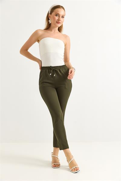 Beli Lastikli Kısa Paça Double Krep Pantolon Haki