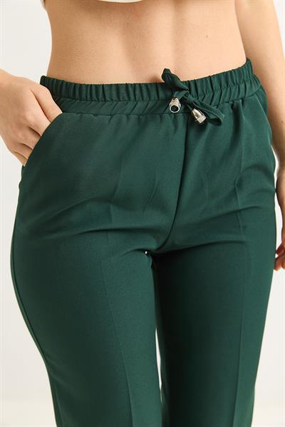 Beli Lastikli Kısa Paça Double Krep Pantolon Koyu Yeşil