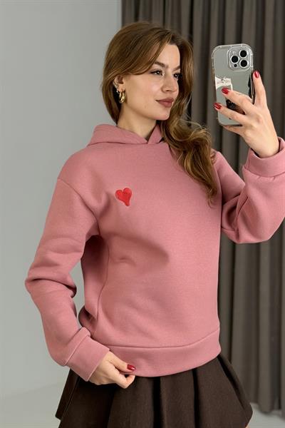 Üç İplik Pembe Kalp Nakışlı Şardonlu Kangru Cepli Kapişonlu Sweat