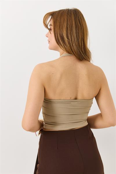 Kadın Boyundan Askılı  Crop Bluz Vizon