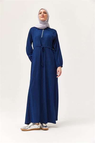 Gömlek Yaka Bel Tünelli Bürümcük Elbise Lacivert