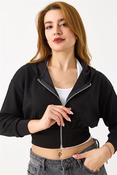 Bel Detaylı Fermuarlı Üç İplik Crop Sweatshirt Siyah