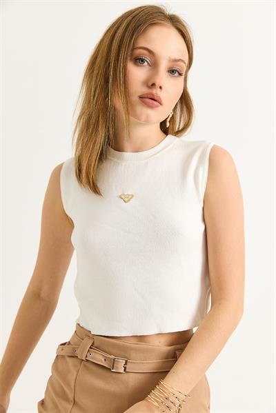 Bisiklet Yaka Sıfır Kol Crop Bluz Beyaz