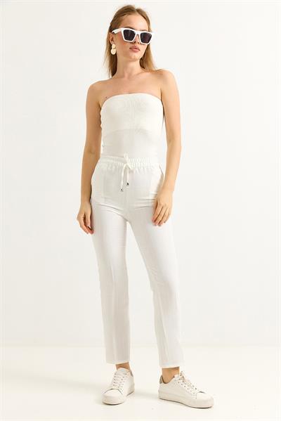 Beli Lastikli Çizgi Desenli Krep Pantolon Beyaz