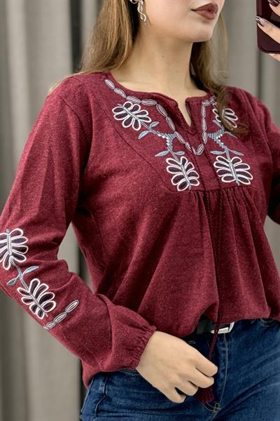Kadın Bordo Triko Etnik Çiçek Nakışlı Kazak