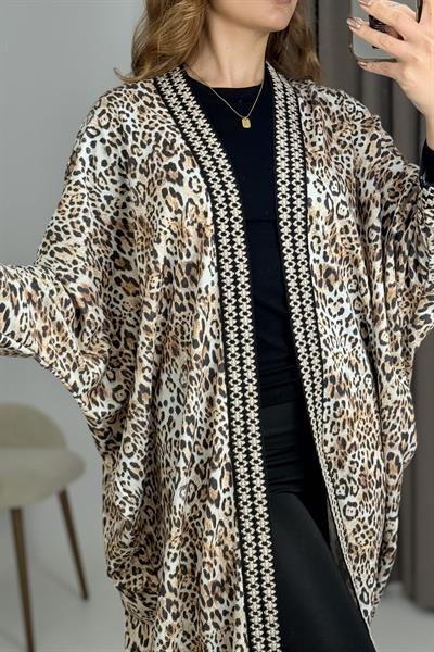 Oversizee Şerit Detaylı Kimono Hırka Leopar