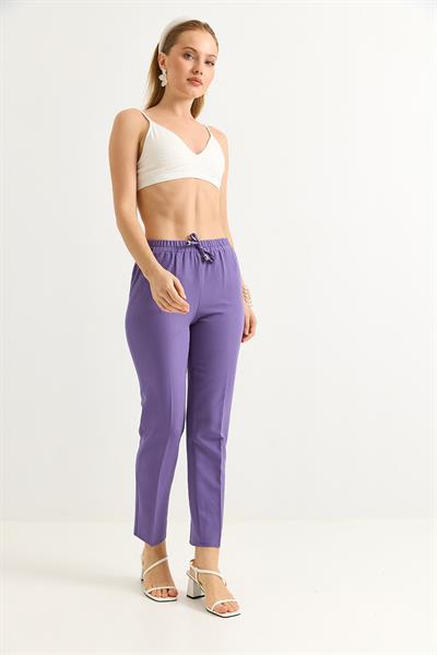 Beli Lastikli Kısa Paça Double Krep Pantolon Lila