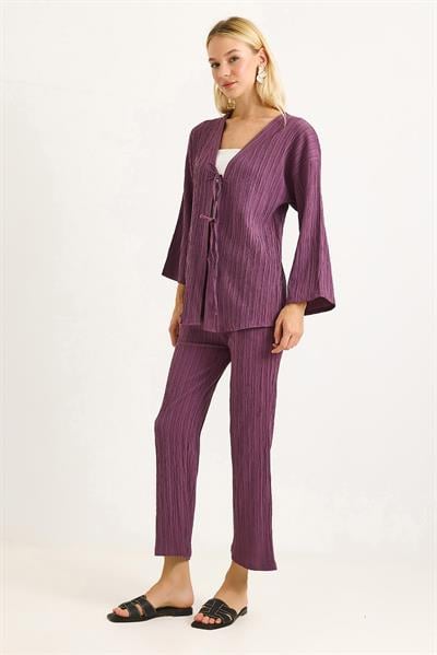 Kimonolu Pantalon Krınkıl Takım Mürdüm