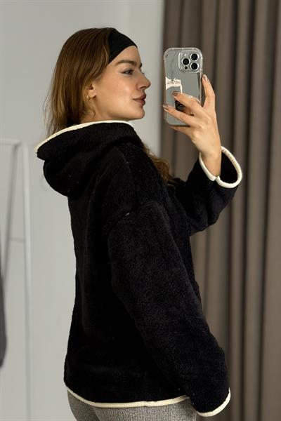 Kadın Kapüşonlu Şerit Detaylı Welsoft Ekru Siyah