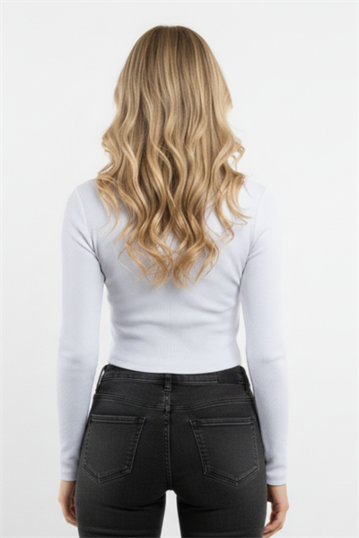 Kadın Uzun Kollu Kaşkorse Yazı Baskılı Crop Bluz Beyaz