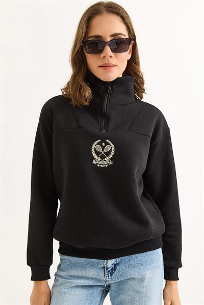 Kadın Dik Yaka Fermuarlı Roket Baskılı Sweatshirt Siyah