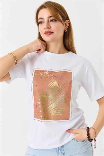 Kadın Palmiye Parlak Baskılı Tshirt Beyaz