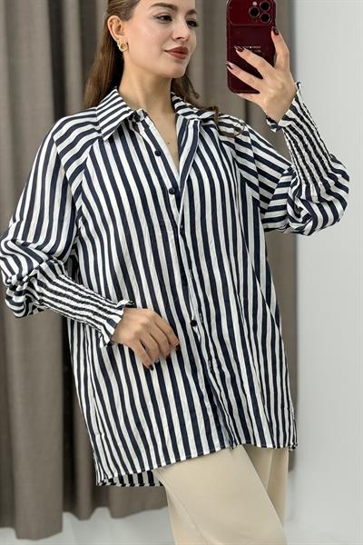 Manşet Detaylı Oversize Şık Gömlek Lacivert