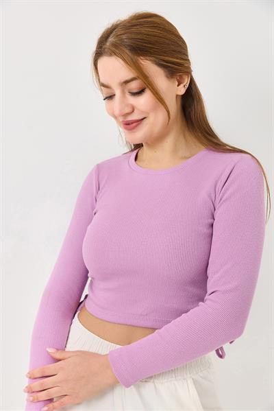 Kadın Yanlardan İp Büzgülü Crop Fitilli Bluz Lila