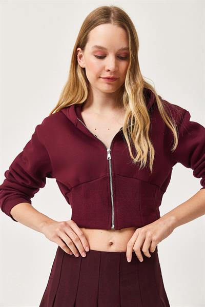 Bel Detaylı Fermuarlı Crop Sweatshirt Bordo
