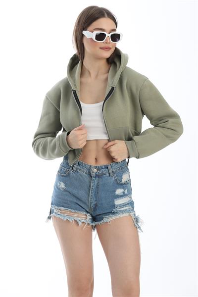 Bel Detaylı Fermuarlı Crop Sweatshirt Haki