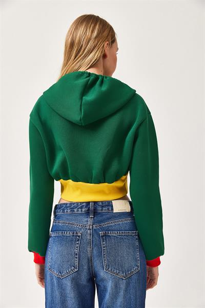Bel Detaylı Fermuarlı Crop Sweatshirt Yeşil