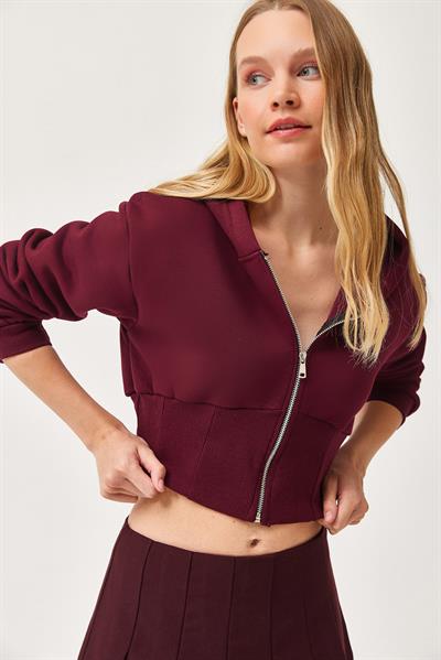 Bel Detaylı Fermuarlı Crop Sweatshirt Bordo