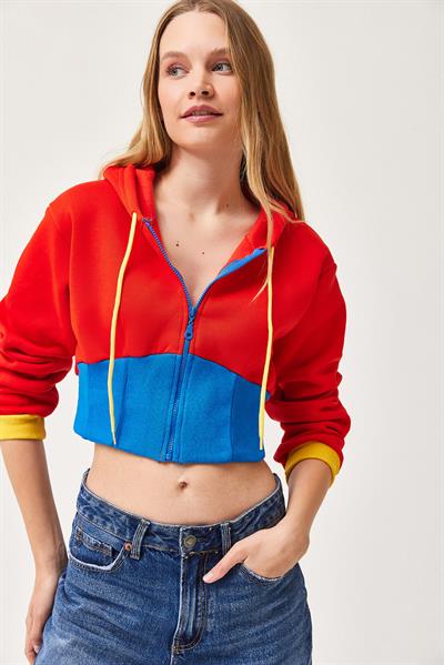 Bel Detaylı Fermuarlı Crop Sweatshirt Turuncu