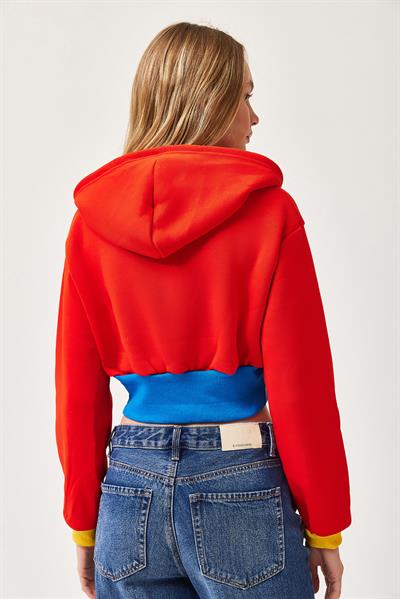 Bel Detaylı Fermuarlı Crop Sweatshirt Turuncu
