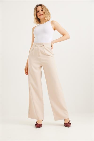 Kancalı Yüksek Bel Salaş Palazzo Pantolon Krem