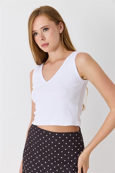 Kadın V Yaka Kaşkorse Crop Bluz Beyaz