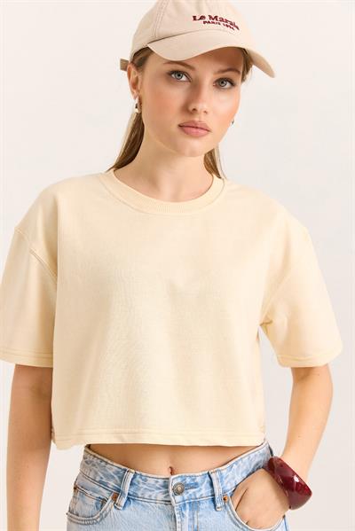 Bisiklet Yaka Havalı Crop İki İp Tshirt  Bej