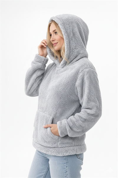 Kadın Kapüşonlu Welsoft Uzun Kollu Siyah Açık Gri